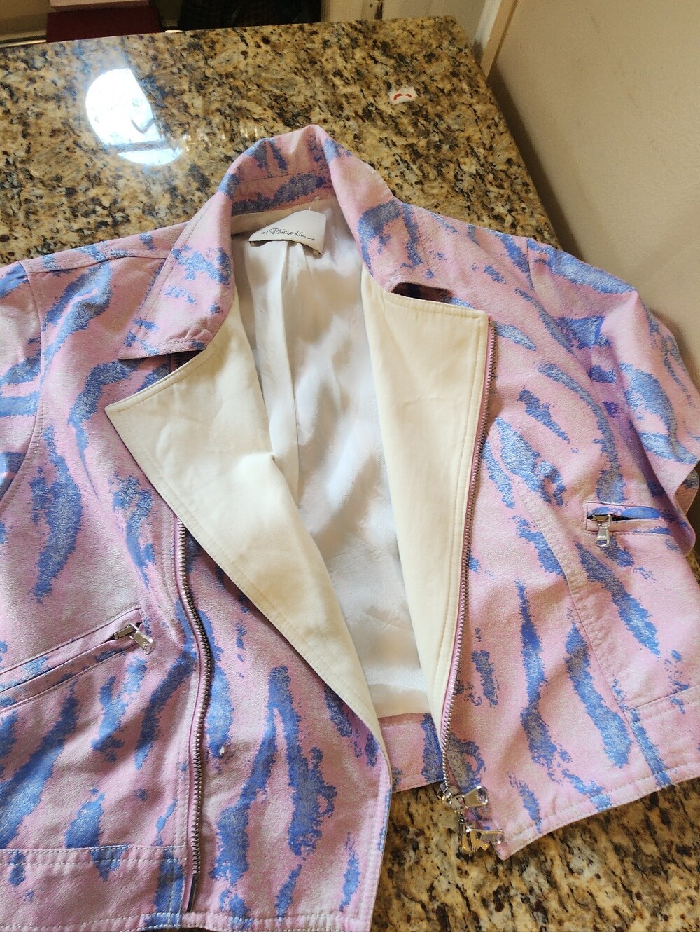 3.1 Phillip Lim Pink and Blue Patterned Leather Jacket with Cream Lapel